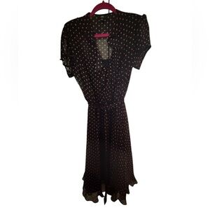 JBS Midi Dress Womens 14W Brown Polka Dot Ruffle Tie Semi Sheer Faux Wrap